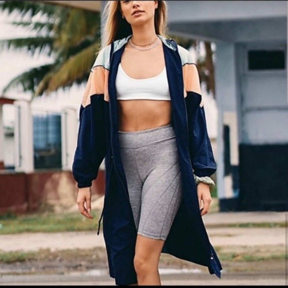 Free People Surfrider Windbreaker Women XS Blue Color Block Combo Jacket Long